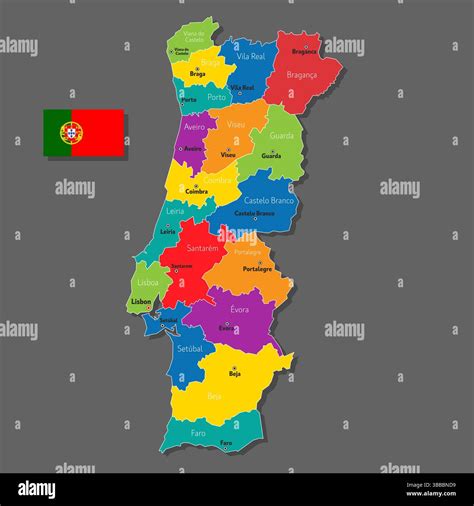 Vector map of Portugal with names of cities and with borders city Stock ...