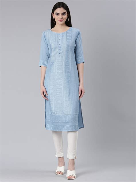 Neeru's Blue Regular Straight Woven Design Kurtas – Neerus India