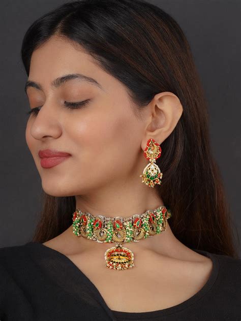 Green Color Tribal Necklace Set - EK-SFSET342WGR – Mortantra