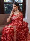 Banarasee Pure Chiffon Saree With Zari Jaal Design & Border-Red