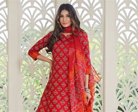 Red Printed Cotton Suit - Set of 3
