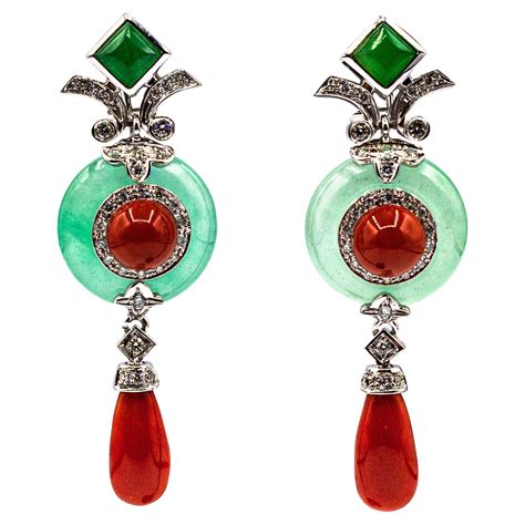 Art Deco Style Mediterranean Red Coral Jade White Diamond White Gold Earrings For Sale at 1stDibs