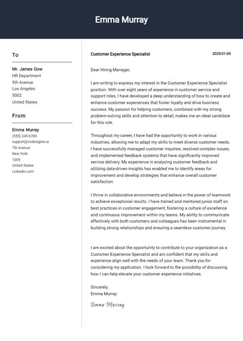 25 Customer Care Specialist Cover Letter Examples And Templates for 2026 - ResumeDesign.ai