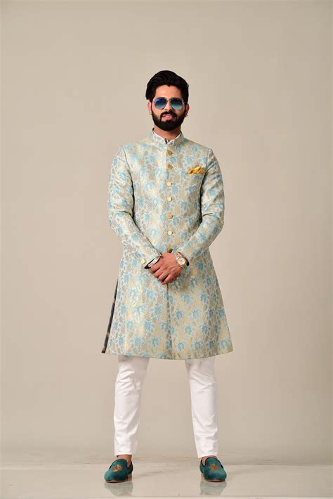 Buy Handmade Men's Brocade Silk Achkan | Sky Blue, Golden Wedding ...