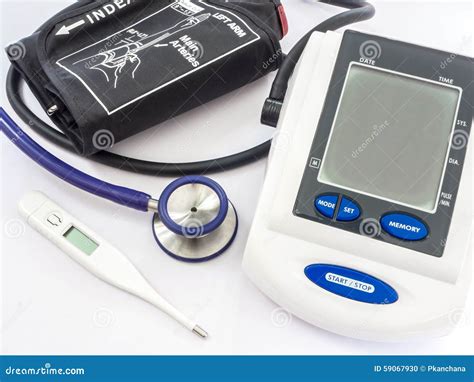 Blood Pressure Monitor, Stethoscope And Thermometer Stock Photo - Image ...