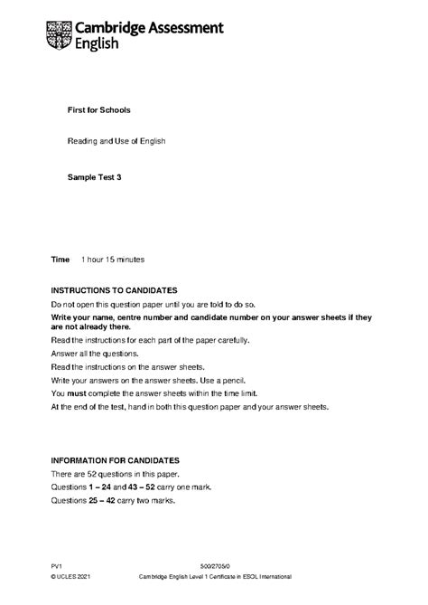 Examen Muestra 2: Cambridge English First B2 Reading & Use of English ...