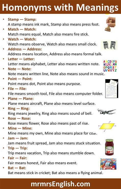 100 Homonyms and their Meanings in English with Pictures - MR MRS ENGLISH