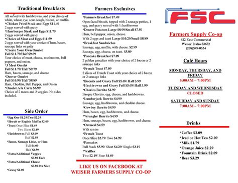 Menu at Farmers Supply Co-op & Farmers Cafe, Weiser