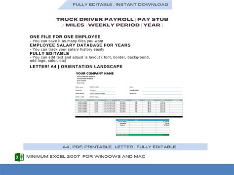 Truck Driver Pay Roll Earning Statement Template Pay Slip Creator for Truck Driver Mile Excel ...