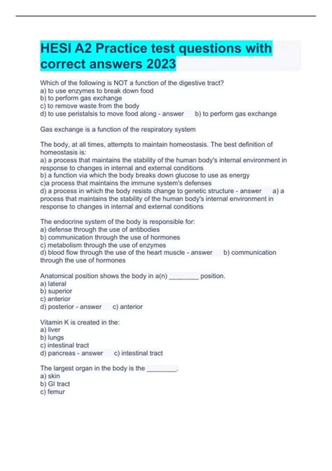 HESI A2 Practice test questions with correct answers 2023 - Hesi A2 ...