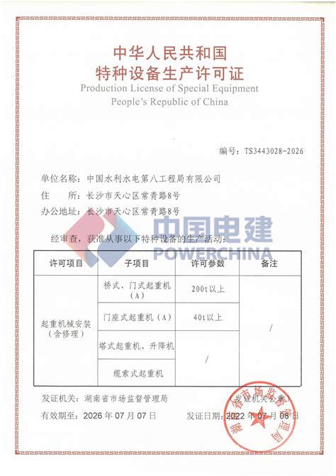中国水利水电第八工程局有限公司 资质权益 特种设备许可证