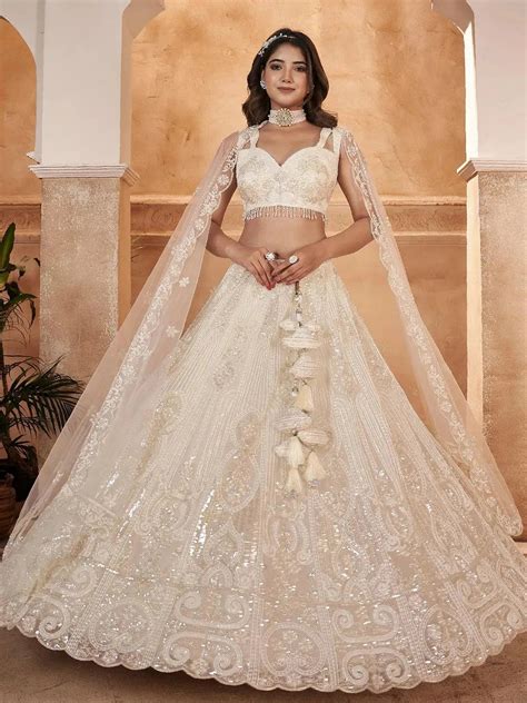 Designer Wear Light Beige Net Embroidered Work Umbrella Lehenga Coli ...