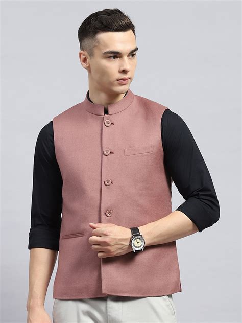 Buy Men Peach Solid Band Collar Sleeveless Jacket Online in India ...