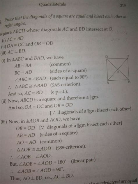 prove that the diagonals of a square are equal and bisect each other at ...