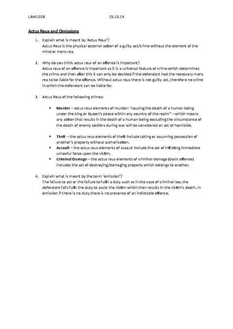 Actus Reus and Omissions - LAW1008 15. Actus Reus and Omissions Explain ...