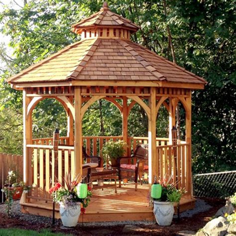Wooden Gazebo surrounded by Potted Plants