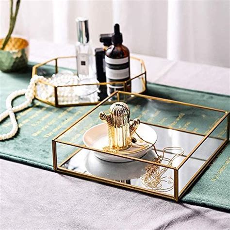 Ruhi Collections Square Glass with Brass Rim Mirror Base Vanity Tray ...