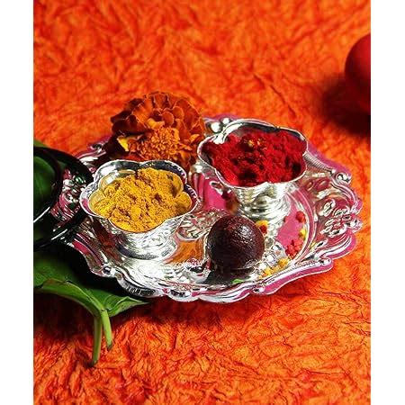 Silver Plated Haldi-Kunku karand/Kankavati/Kumkum Pooja Thali Set with ...
