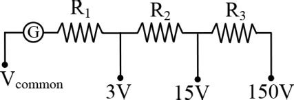 A voltmeter of variable ranges 3 V, 15 V, 150 V is to be designed by ...