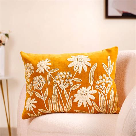 Yellow Spring Summer Embroidered Velvet Cushion Cover 20x14 Inch Online ...