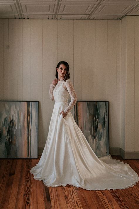 Elegant Long Sleeve Lace and Organza Wedding Dress With Front Slit, Pockets - Etsy