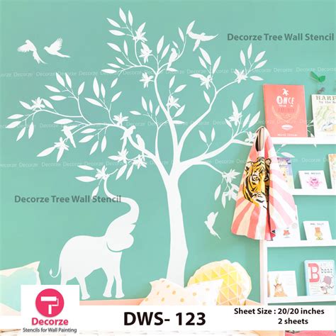 Big Tree with Birds and Elephant Stencil | Wall Painting Designs ...