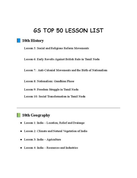 GS TOP 50 Lesson List for 10th History, Geography, Polity & Economics ...