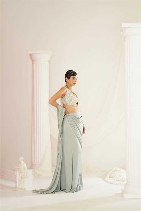 Sage green embroidered blouse with ready to wear drape saree set ...