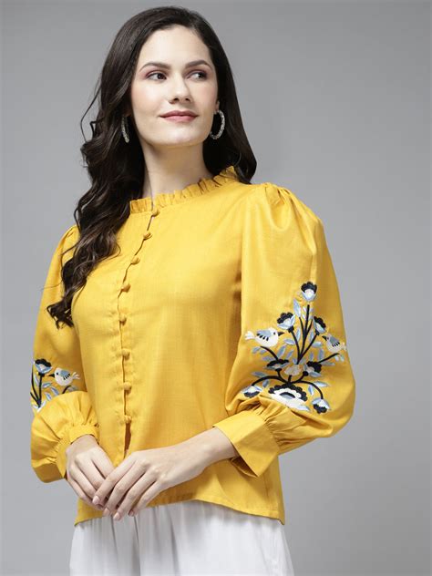 Shop Bhama Couture Mustard Embroidered Front Open Top Online