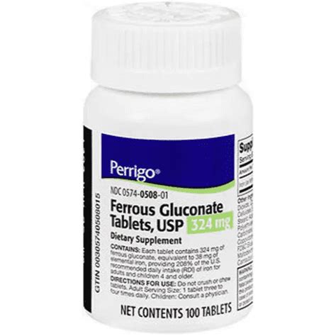 Perrigo Ferrous Gluconate Iron Supplement, 324mg Tablets, 100 Count ...
