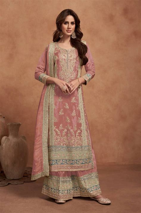 Peach Elegant Embroidered Chinon Top & Plazo Set with Du