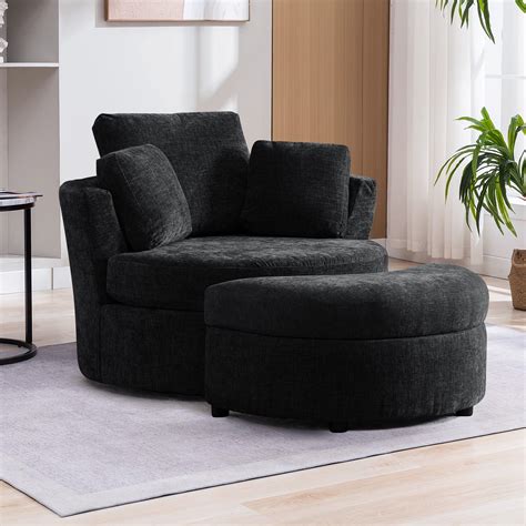 KINFFICT Chenille Swivel Barrel Chair with Storage Ottoman, Oversized ...