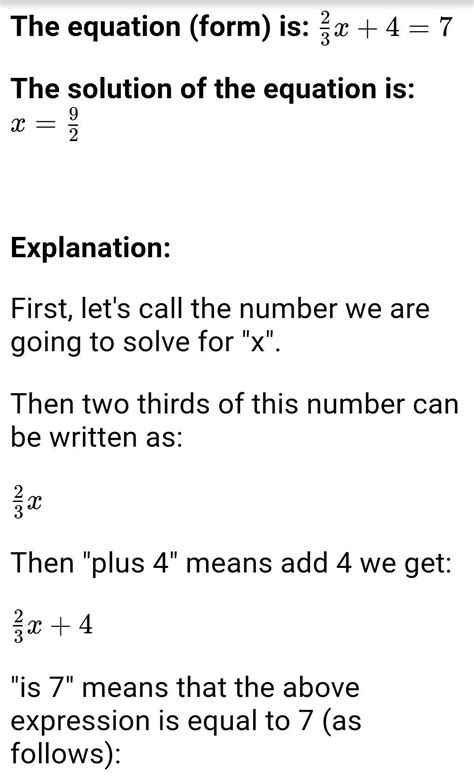 Write an equation for this description. two-thirds a number plus 4 is 7 ...