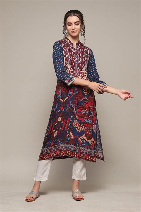 Teal Rayon Straight Printed Kurta