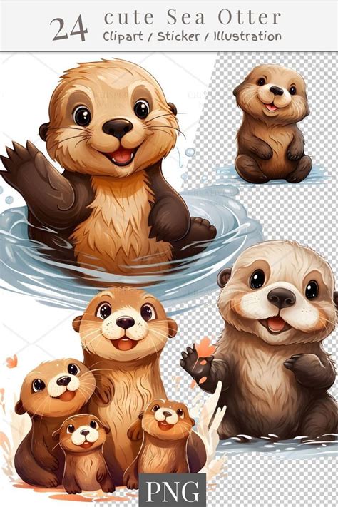 24 Digital Cute Sea Otter Clip Art Set, Cute Sea Otter Sticker ...