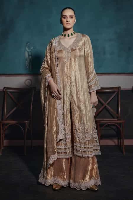 Buy Gold Silk, Tissue Cut Work, Embroidery, Pearls Kurta Sharara Set ...