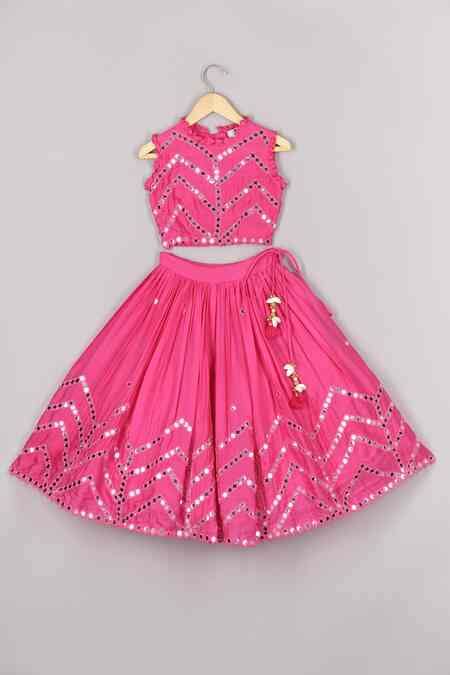 Buy Pink Organza Embroidery Mirror Chevron Lehenga Set For Girls by P ...