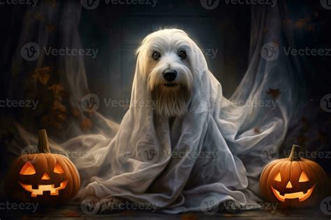 Halloween theme. dog in ghost costume with pumpkins on dark background ...