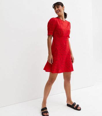 Red Spot Crepe Short Puff Sleeve Mini Dress | New Look