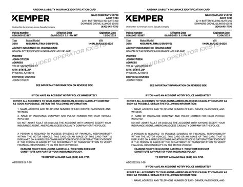 Kemper Auto Infinity Arizona Liability insurance identification card ...