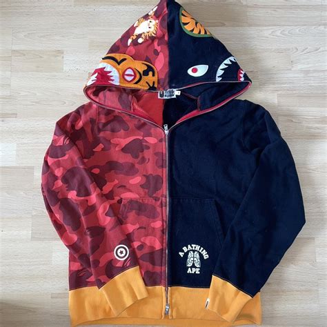 BAPE Men's Red and Black Hoodie | Depop