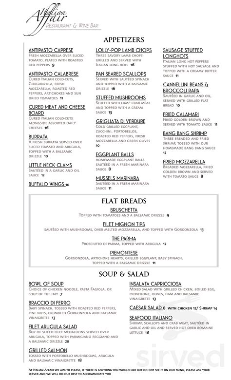 Italian Affair Restaurant menu in Glassboro, New Jersey, USA