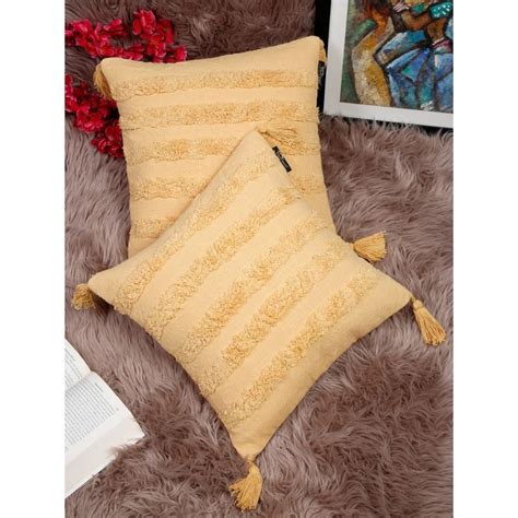 Buy HOSTA HOMES Yellow Set of 2 Textured Square Cushion Covers Online