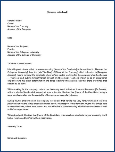 Sample of College Recommendation Letter Template | Templateral