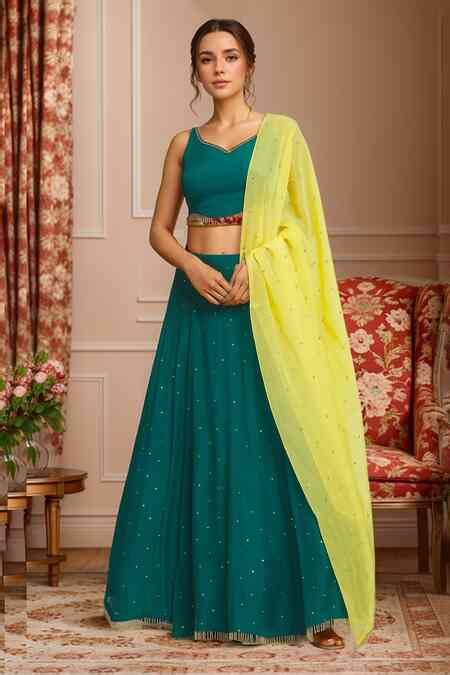 Buy Green Organza Embellished Sequin V-neck Scatter Lehenga Set For ...