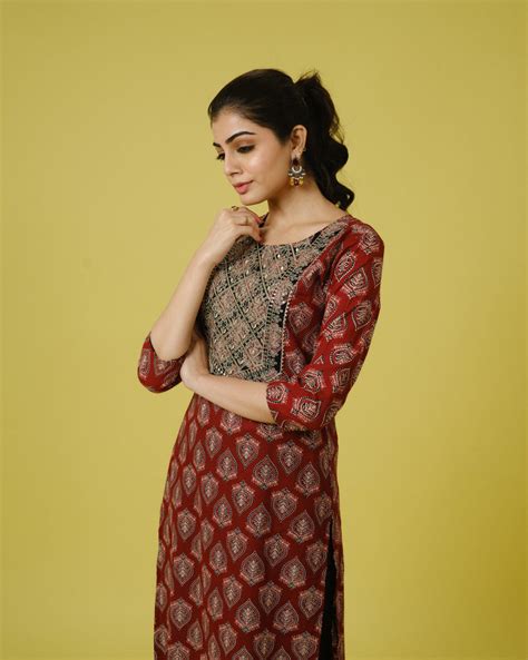 Red 3/4th Sleeves Cotton Cambric Traditional Motifs Calf Length Kurta ...