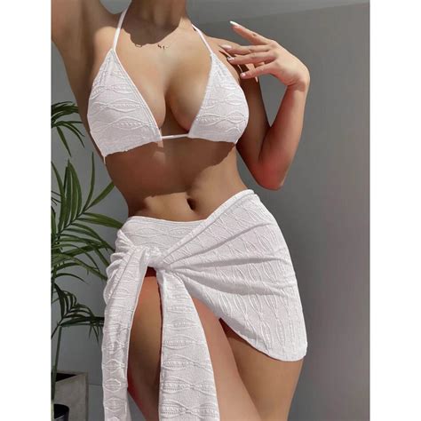 Sexy Woman Three-Piece Bikini Set Solid Color Lace-Up Swimwear | Shopee ...