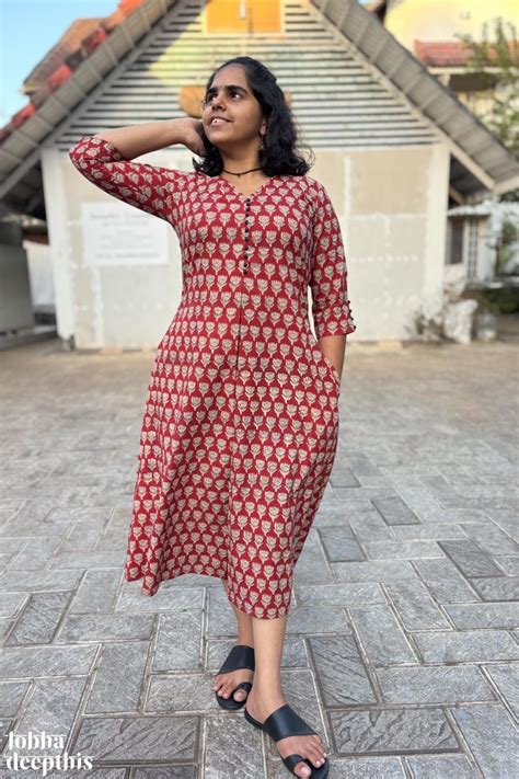 Rubia Red Bagru Hand Block Printed Box Pleated Dress- Lobha Deepthis