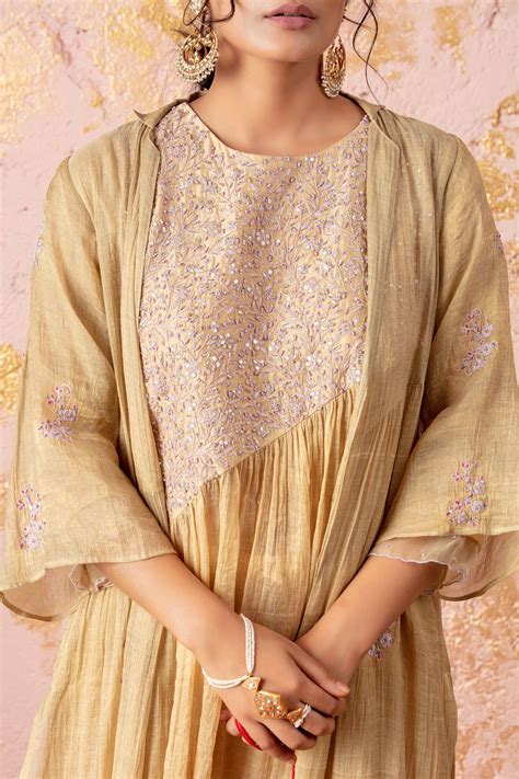 Gold Diagonal Kurta With Pants And Overlay – Naaz By Noor