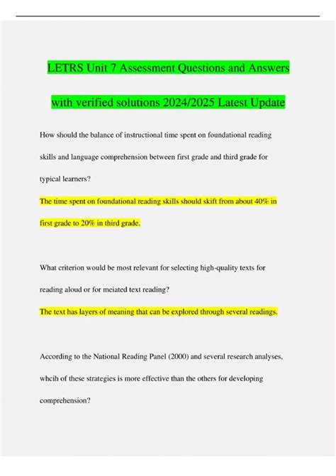 LETRS Unit 7 Assessment Questions and Answers with verified solutions ...